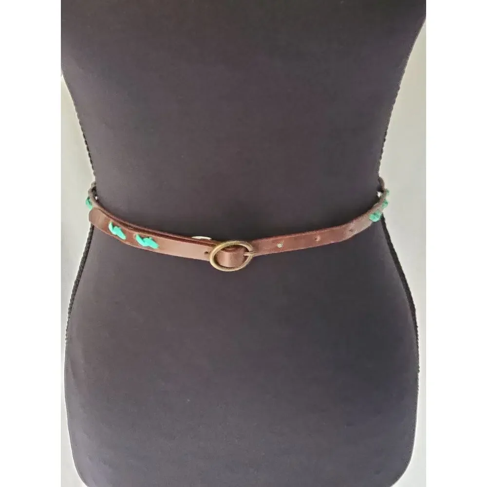 Thin leather belt with‎ blue cording